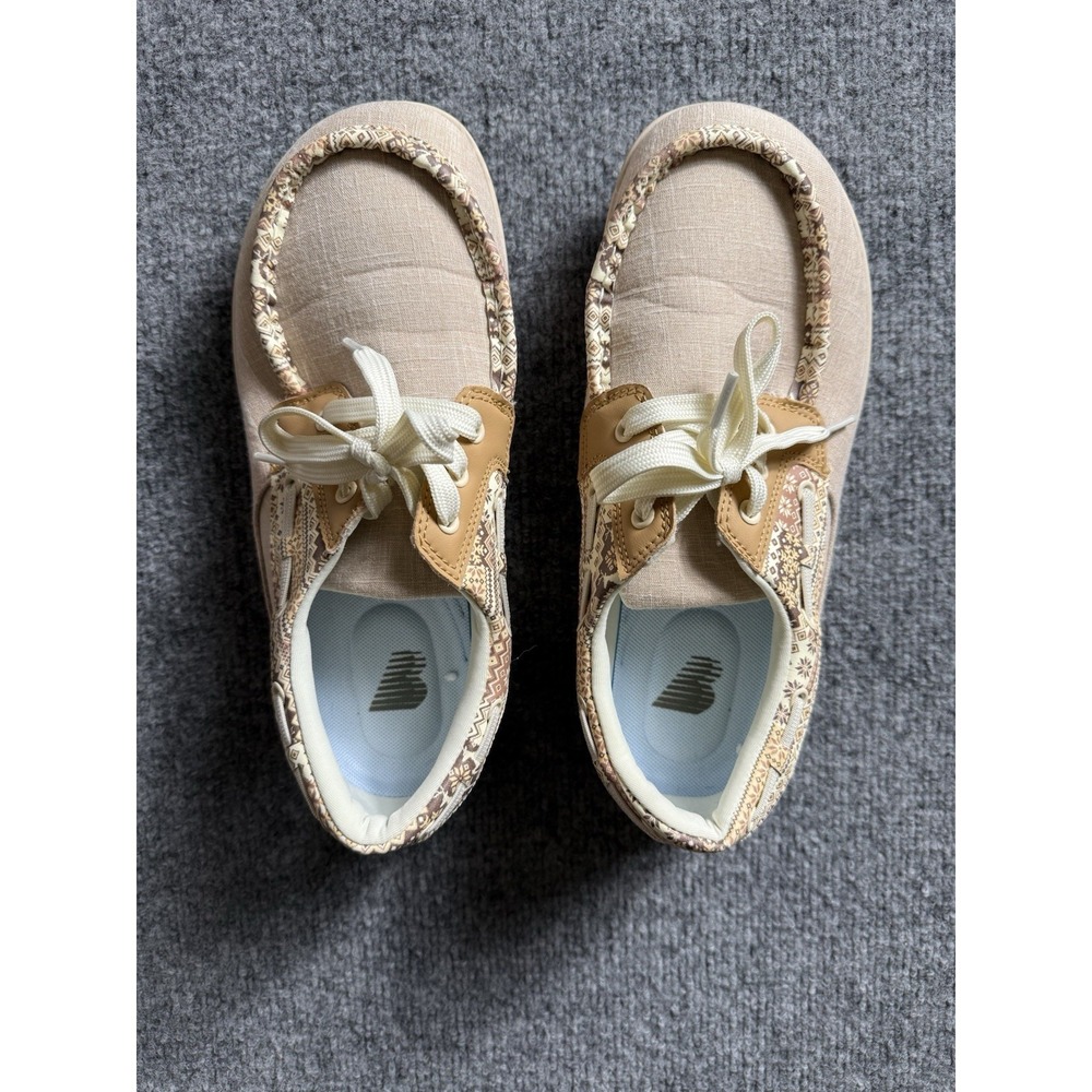 Women's Canvas Boat Shoes Loafers Tan Geometric Trim Lace Up Size 11